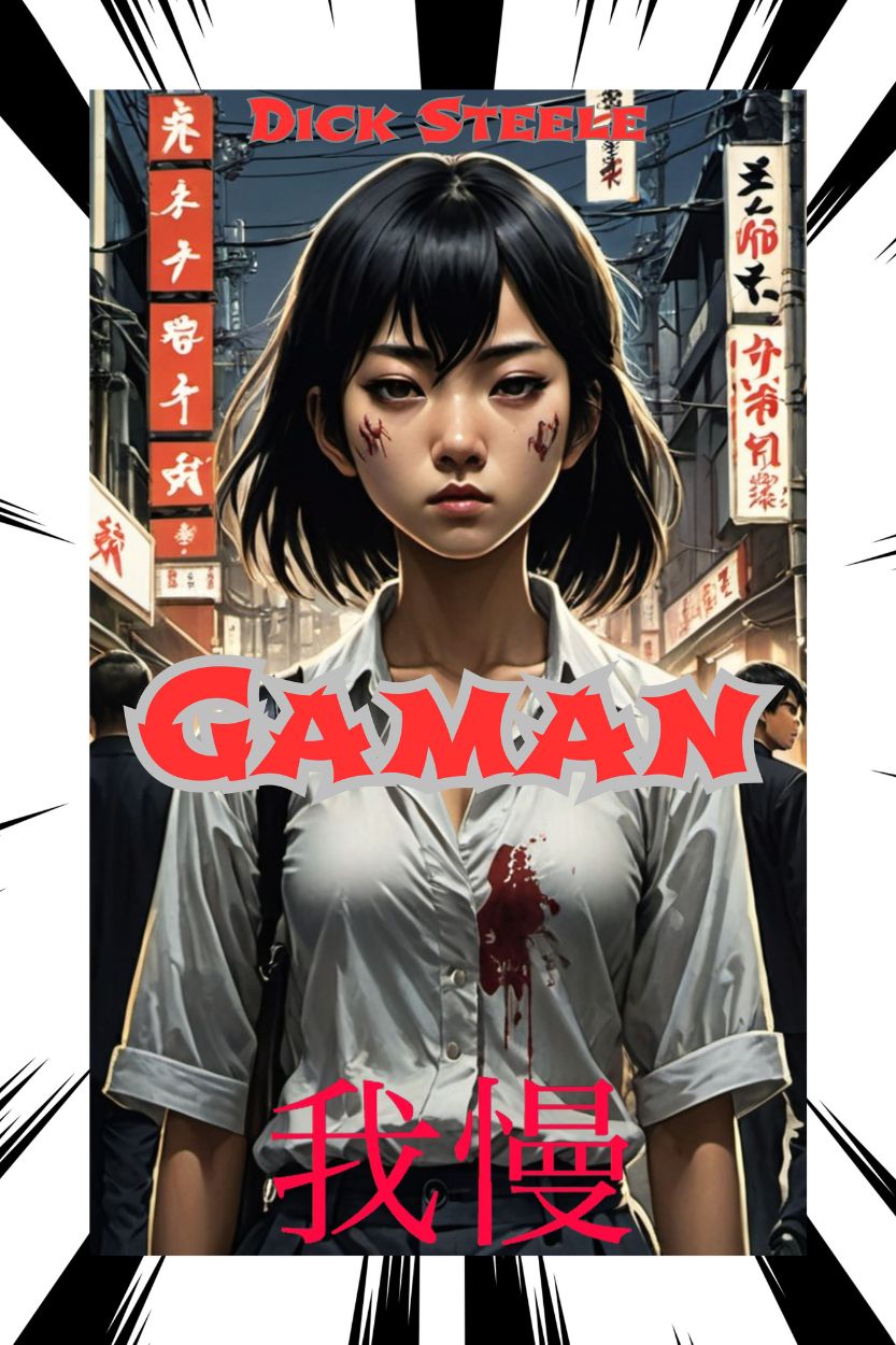 Gaman book cover showing a young Japanese woman against a Tokyo cityscape background - English Version